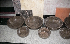 Polished Marble Round Water Basin in Bathroom ,Coffee Brown Marble Water Sink Indoor