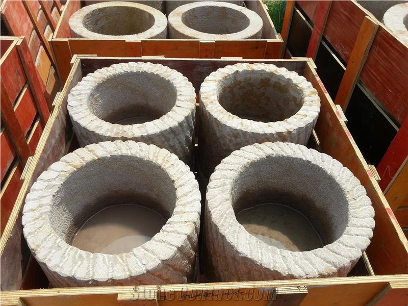 Sandstone Carved Round Water Flower Pot, Beige Color Sandstone Special Design Different Shapes Flower Garden Pot for Decoration in Landscaping, Use in Garden and Park Water Flower Planter