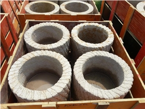 Sandstone Carved Round Water Flower Pot, Beige Color Sandstone Special Design Different Shapes Flower Garden Pot for Decoration in Landscaping, Use in Garden and Park Water Flower Planter