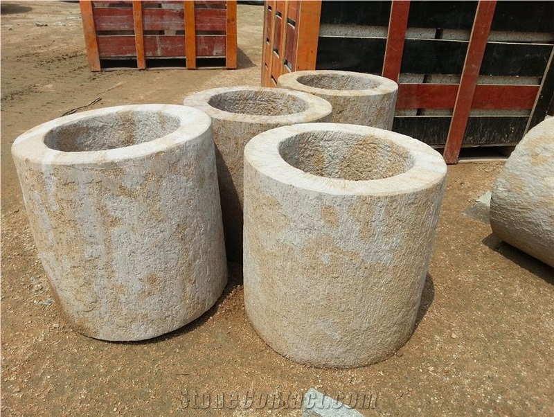 Sandstone Carved Round Water Flower Pot, Beige Color Sandstone Special Design Different Shapes Flower Garden Pot for Decoration in Landscaping, Use in Garden and Park Water Flower Planter