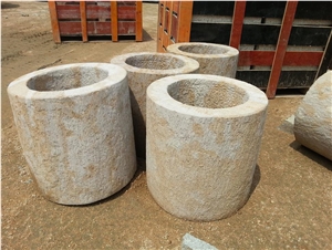 Sandstone Carved Round Water Flower Pot, Beige Color Sandstone Special Design Different Shapes Flower Garden Pot for Decoration in Landscaping, Use in Garden and Park Water Flower Planter