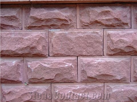 Shandong Red Sandstone Honed Mushroomed Cladding, Red Sandstone Wall Stone, Red Sandstone Mushroomed Stone