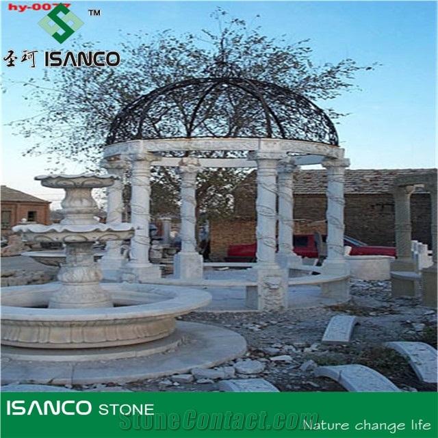 Natural White Marble Sculptured Garden Gazebos & Pavilions, Column Gazebo,Garden Gazebo with Iron Top,Western Style Gazebo,Marble Carved Gazebo,Sculptured Garden Gazebo, Landscaping Stones