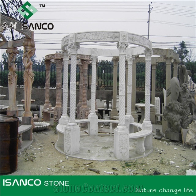 Natural White Marble Sculptured Garden Gazebos & Pavilions, Column Gazebo,Garden Gazebo with Iron Top,Western Style Gazebo,Marble Carved Gazebo,Sculptured Garden Gazebo, Landscaping Stones