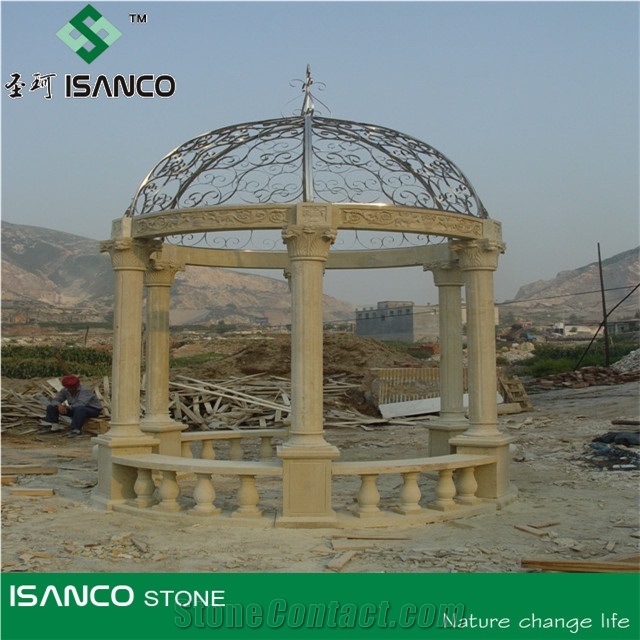 Natural White Marble Sculptured Garden Gazebos & Pavilions, Column Gazebo,Garden Gazebo with Iron Top,Western Style Gazebo,Marble Carved Gazebo,Sculptured Garden Gazebo, Landscaping Stones