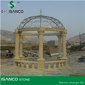 Natural White Marble Sculptured Garden Gazebos & Pavilions, Column Gazebo,Garden Gazebo with Iron Top,Western Style Gazebo,Marble Carved Gazebo,Sculptured Garden Gazebo, Landscaping Stones