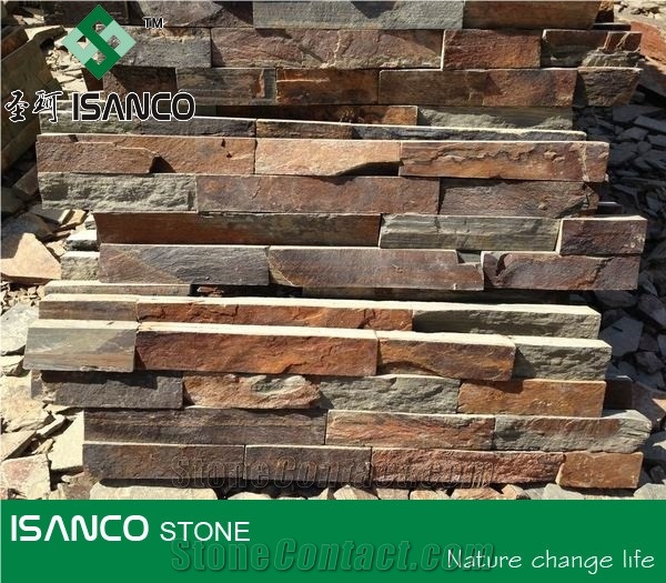 Rusty Stone Veneer,Dark Rusty Decorative Cultured Stone, Rustic Yellow Slate Culture Stone Wall Panel Ledge Stone Corner Stone Wall Cladding Thin Venner Stone