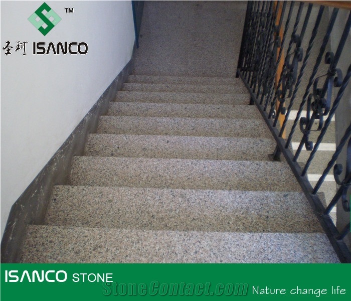 Shandong Wulian Pink Flower Granite Staircase Five Lotus Granite Stair Riser G361 Pink Granite Stair Threshold Wulian Flower Granite Stair Treads Lotus Pink Granite Steps Indoor Stair Decoration