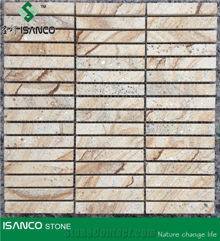 Yellow Sandstone Linear Strips Mosaic Yellow Wood Veins Sandstone Chipped Mosaic Tumbled Mosaic Wooden Grains Sandstone Floor Mosaic Customized Mosaic Pattern Flooring Paving Stone Mosaic