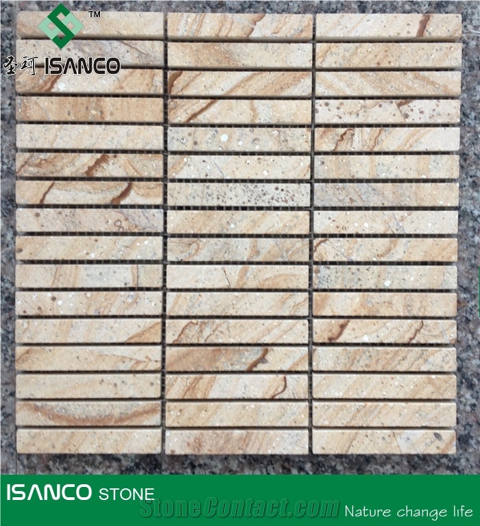 Yellow Sandstone Linear Strips Mosaic Yellow Wood Veins Sandstone Chipped Mosaic Tumbled Mosaic Wooden Grains Sandstone Floor Mosaic Customized Mosaic Pattern Flooring Paving Stone Mosaic