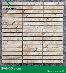 Yellow Sandstone Linear Strips Mosaic Yellow Wood Veins Sandstone Chipped Mosaic Tumbled Mosaic Wooden Grains Sandstone Floor Mosaic Customized Mosaic Pattern Flooring Paving Stone Mosaic