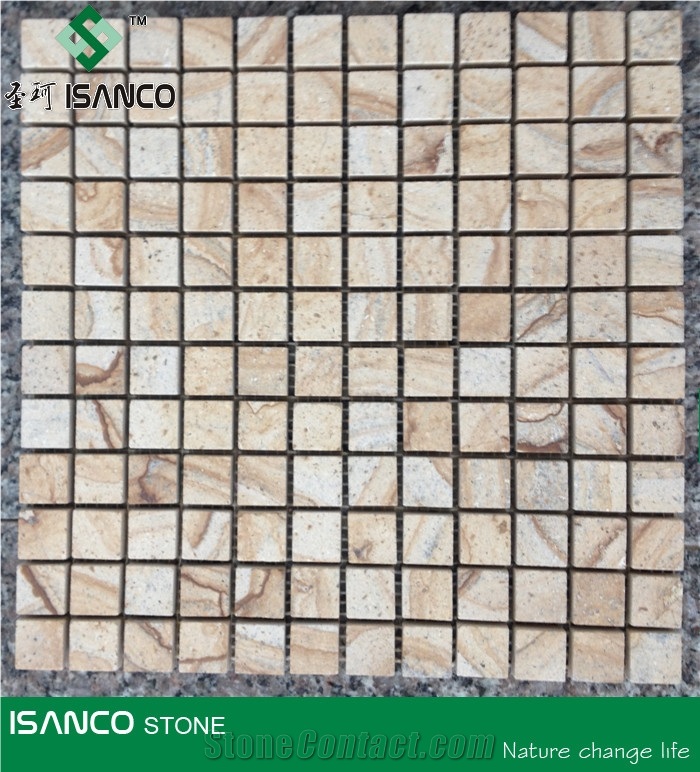 Yellow Sandstone Linear Strips Mosaic Yellow Wood Veins Sandstone Chipped Mosaic Tumbled Mosaic Wooden Grains Sandstone Floor Mosaic Customized Mosaic Pattern Flooring Paving Stone Mosaic