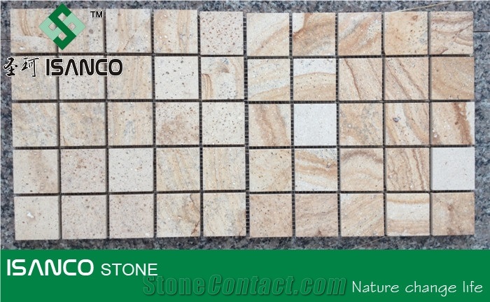 Yellow Sandstone Linear Strips Mosaic Yellow Wood Veins Sandstone Chipped Mosaic Tumbled Mosaic Wooden Grains Sandstone Floor Mosaic Customized Mosaic Pattern Flooring Paving Stone Mosaic