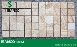 Yellow Sandstone Linear Strips Mosaic Yellow Wood Veins Sandstone Chipped Mosaic Tumbled Mosaic Wooden Grains Sandstone Floor Mosaic Customized Mosaic Pattern Flooring Paving Stone Mosaic
