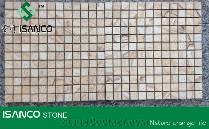 Yellow Sandstone Linear Strips Mosaic Yellow Wood Veins Sandstone Chipped Mosaic Tumbled Mosaic Wooden Grains Sandstone Floor Mosaic Customized Mosaic Pattern Flooring Paving Stone Mosaic