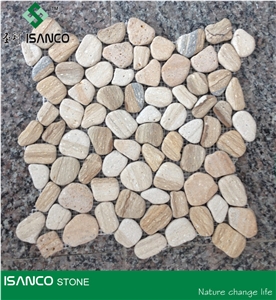 Yellow Sandstone Pebble Mosaic Wood Sandstone Wall Mosaic Wooden Sandstone Mosaic Pattern Tumbled Mosaic Cobble Stone Floor Mosaic for Interior Flooring and Wall Covering