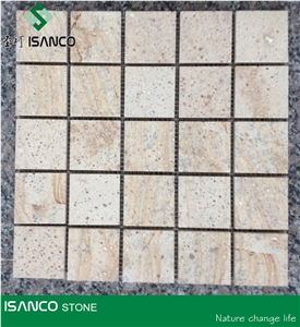 Yellow Sandstone Pebble Mosaic Wood Sandstone Wall Mosaic Wooden Sandstone Mosaic Pattern Tumbled Mosaic Cobble Stone Floor Mosaic for Interior Flooring and Wall Covering