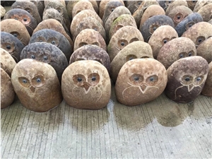River Coppele Stone Natural China Owl Carving Handcrafts, Beige Granite Animal Sculptures