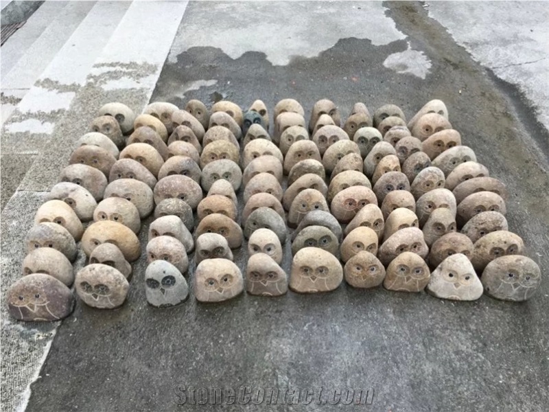 River Coppele Stone Natural China Owl Carving Handcrafts, Beige Granite Animal Sculptures