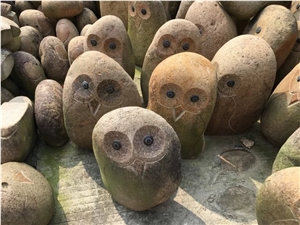 River Coppele Stone Natural China Owl Carving Handcrafts, Beige Granite Animal Sculptures