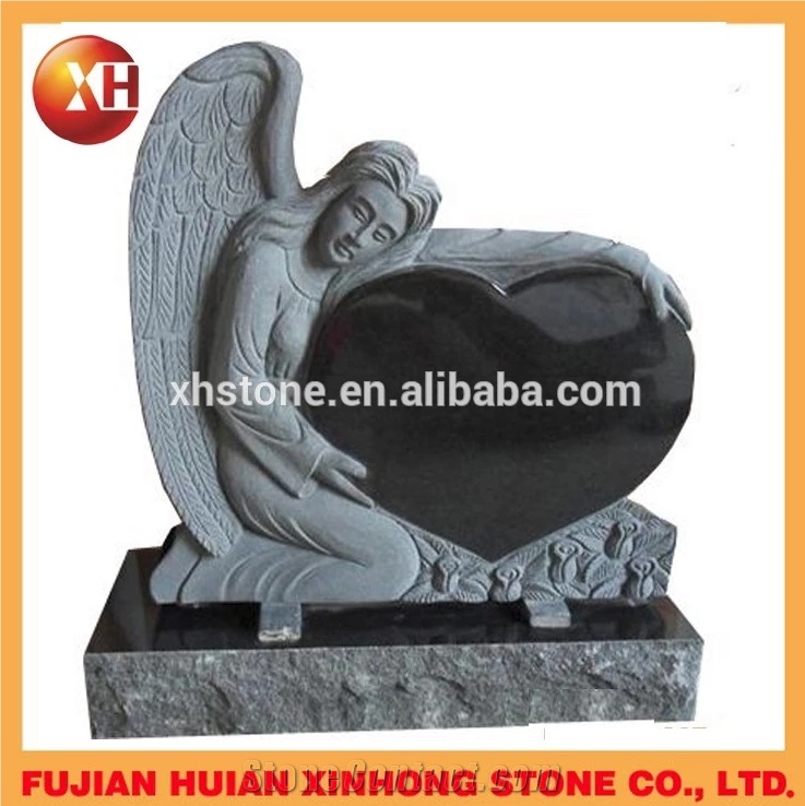 Green Granite Headstone Heart Designs with Angel Engraving