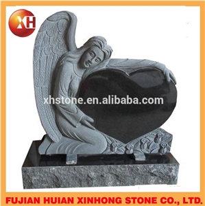 Green Granite Headstone Heart Designs with Angel Engraving