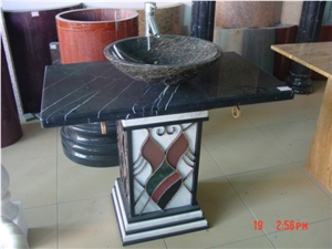 Brown Granite Bathroom Wash Sinks, Kitchen Vessel Round Basins, Natural Stone Round Sink with Stone Basin, Outdoor & Indoor Polished Surface Wash Bowls Oval Basins