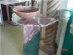 Natural Stone Bathroom Wash Sinks, Kitchen Vessel Round Basins, Red Marble Garden Round Sink, Outdoor & Indoor Polished Surface Wash Bowls Oval Basins with stone Base