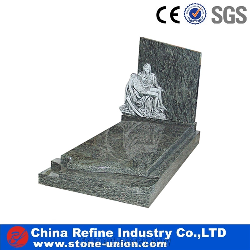 Green Granite Carving Headstones,Cemetery Engraved Tombstones, Memorial Stone Gravestone,Custom Tombstone Monument Design, Western Style Single Monuments