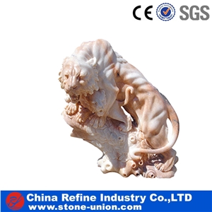 Stone Lion Animal Sculpture, Light Red Marble Sculptures