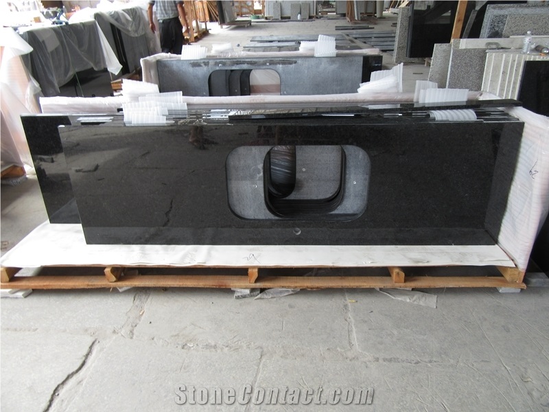 Cheap Black Granite Labrador Angola Custom Countertop Polished Surface Oval Sink, Made in China Gramangola Black Granite Island Top, Angola Black Granite Countertop with Round and Square Oval Sink