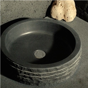 16 Round Chiseled Black Basalt Bathroom Vessel Sink