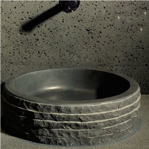 16 Round Chiseled Black Basalt Bathroom Vessel Sink