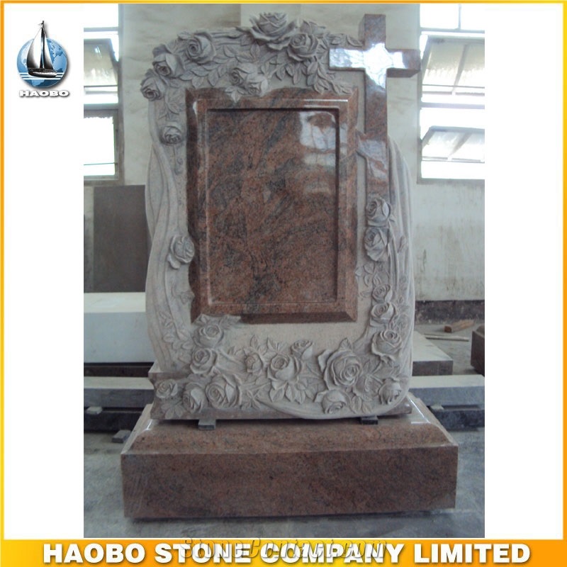 Carved Granite Rose Flower Headstone with Celtic Cross Design