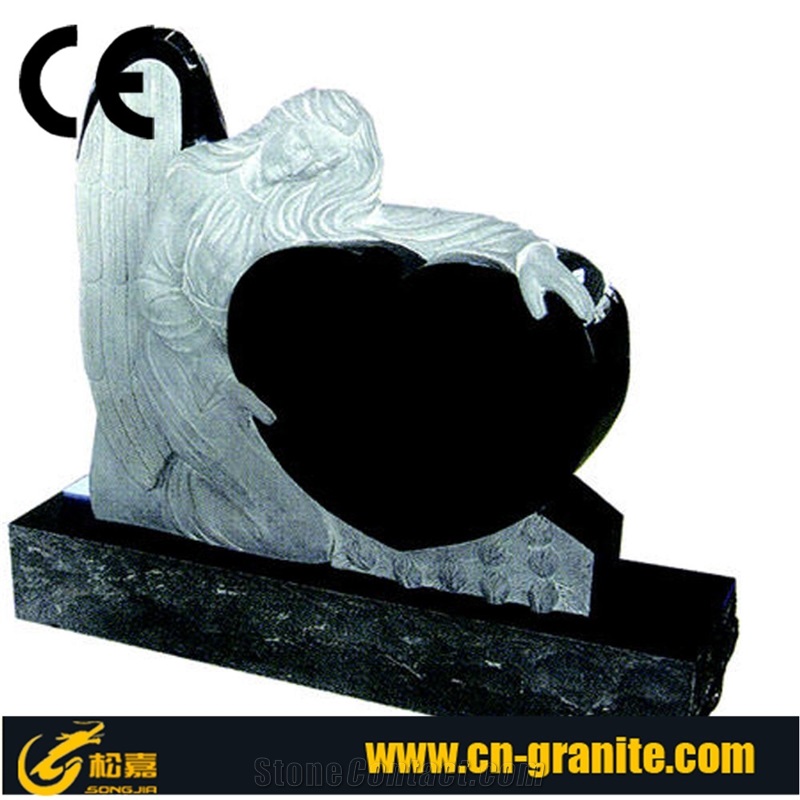 China Black/ Shanxi Black Granite Tombstone, Grave Monument Slab, Butterfly Headstone, Natural Stone, Angel with Heart Carving Monument, Western Design Gravestones,