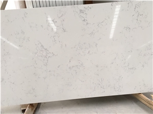Carrara White Man-Made Marble Like Veined Collection Quartz Stone Polished Surface with Random Pattern for the Cyber Cafe, Dressing Room, Kitchen, Utility and Dining Room Table
