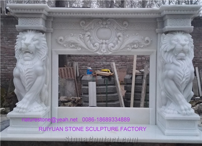 Lion fireplace  Pure White Marble Fireplace Mantel / Fireplace Surrond Covering