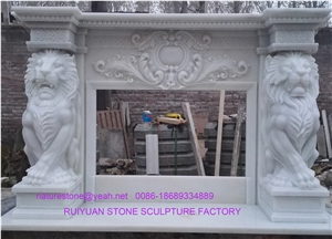 Lion fireplace  Pure White Marble Fireplace Mantel / Fireplace Surrond Covering