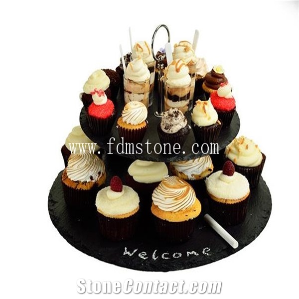 Black Natural Slate Tray with Stainless Steel Handle