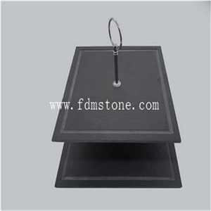 Cut Edge Grooved Square Shape 2 Tier Slate Cake Stand, Snack Tray Engraved Serving Tray