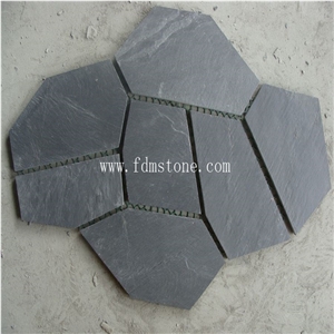Loose Crazy Black Slate Paving Stone on Net, Cheap Paving Stone Mold Flexible Thin Slate, Meshed Crazy Flagstone Walkway Pavers