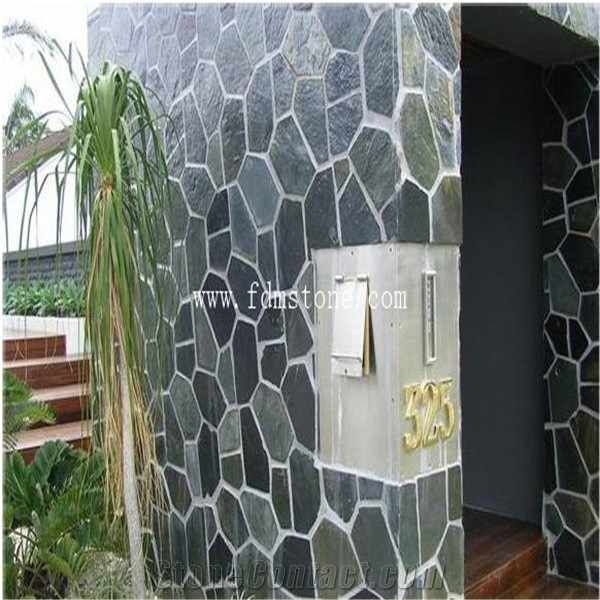 Natural Black Stone Flooring Flagstone Mats Slate, Natural Irregular Random Shape Dark Stone, Meshed Paver Factory
