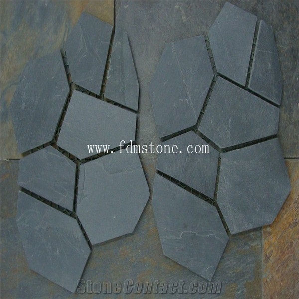 Natural Black Stone Flooring Flagstone Mats Slate, Natural Irregular Random Shape Dark Stone, Meshed Paver Factory
