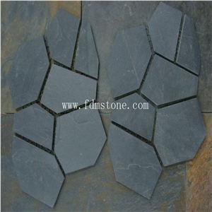 Natural Black Stone Flooring Flagstone Mats Slate, Natural Irregular Random Shape Dark Stone, Meshed Paver Factory