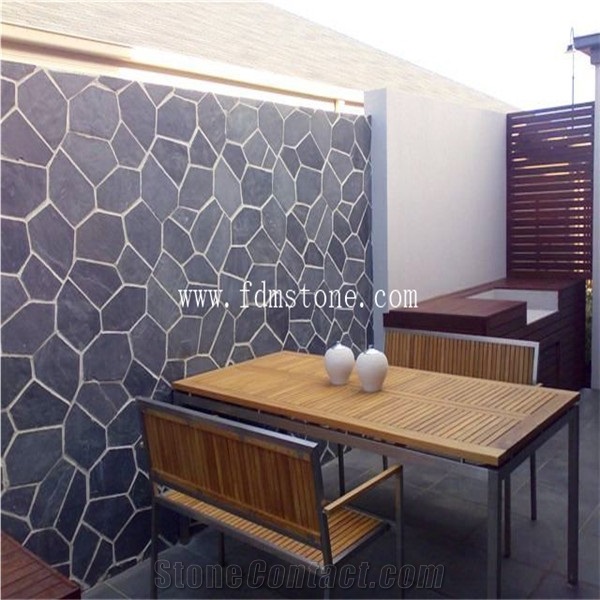 Natural Black Stone Flooring Flagstone Mats Slate, Natural Irregular Random Shape Dark Stone, Meshed Paver Factory