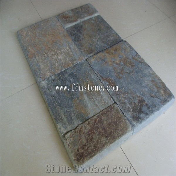 Rust Slate Tumbled Cube Stone, Stone Pavers,Multicolor Slate Courtyard Road Pavers,Natural Slate Paving Stone for Driveway,Walkway