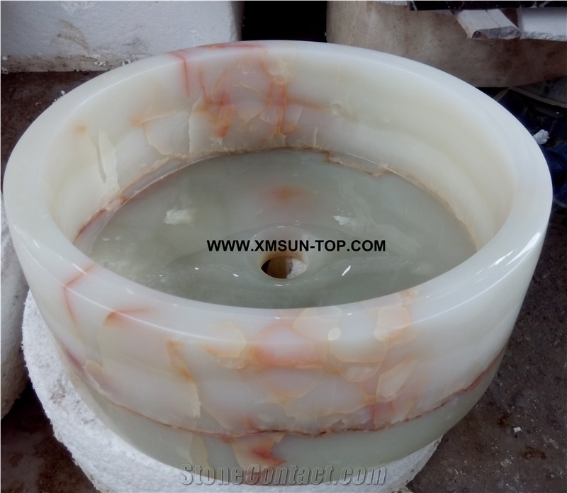 White Onyx with Pink Patterns Bathroom Sinks&Basin/Round Stone Sinks&Basins/Natural Stone Basins&Sinks/Wash Basins/Interior Decorative