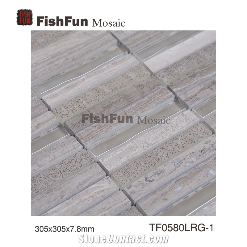 Marble and Glass Mosaic 15*100*7.8, Grey Wood Grain Marble Mosaic, Grey Marble and Glass Mosaic, Polished Surface, Garden & Balcony Marble and Glass Mosaic, Kitchen Marble and Glass Mosaic, Elevator