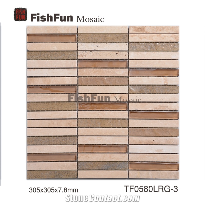 Marble and Glass Mosaic 15*100*7.8, Marble Mosaic, Yellow Marble and Glass Mosaic, Polished Surface, Garden & Balcony Marble and Glass Mosaic, Kitchen Marble and Glass Mosaic, Elevator