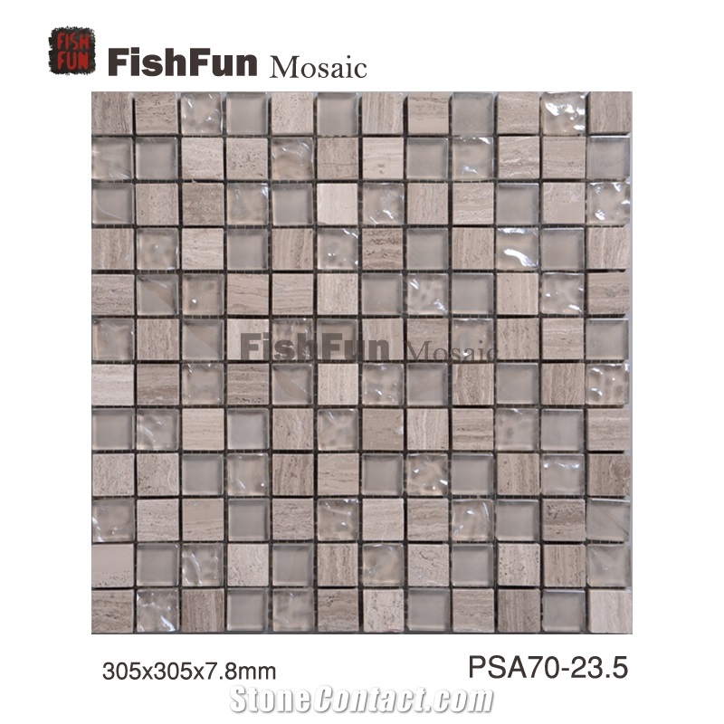 Marble and Glass Mosaic 23.5*23.5*7.8, Grey Wood Grain Marble Mosaic, Grey Marble and Glass Mosaic, Polished Surface, Garden & Balcony Marble and Glass Mosaic, Kitchen Marble and Glass Mosaic
